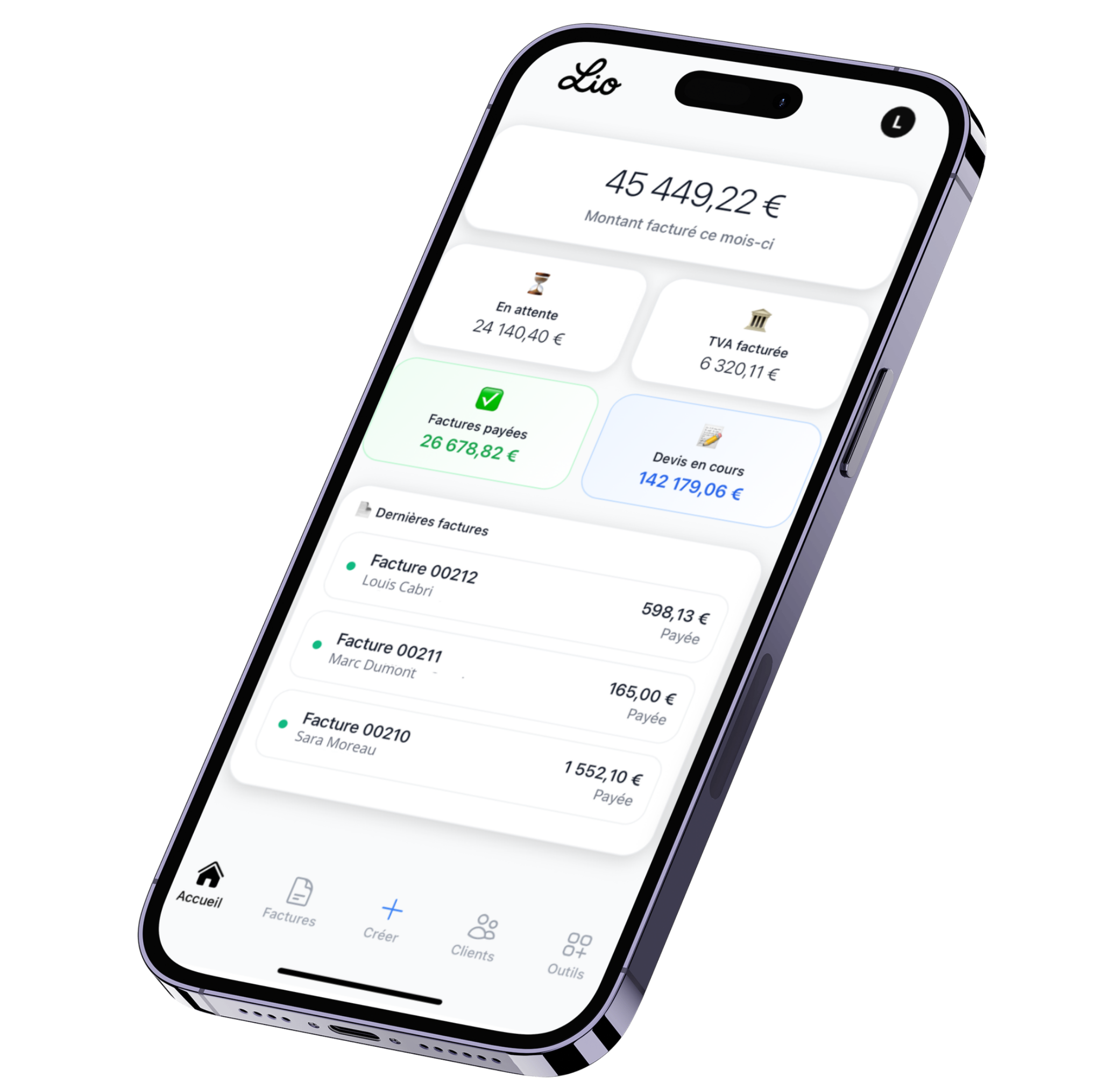 Interface Lio - Logiciel de devis et facture pour développeurs