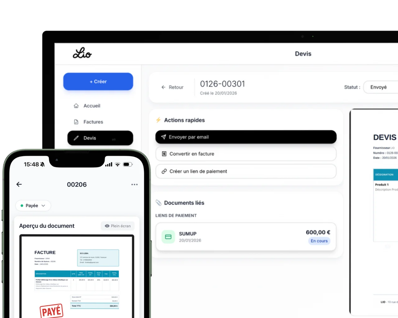 Interface de création de devis, factures et avoirs Lio