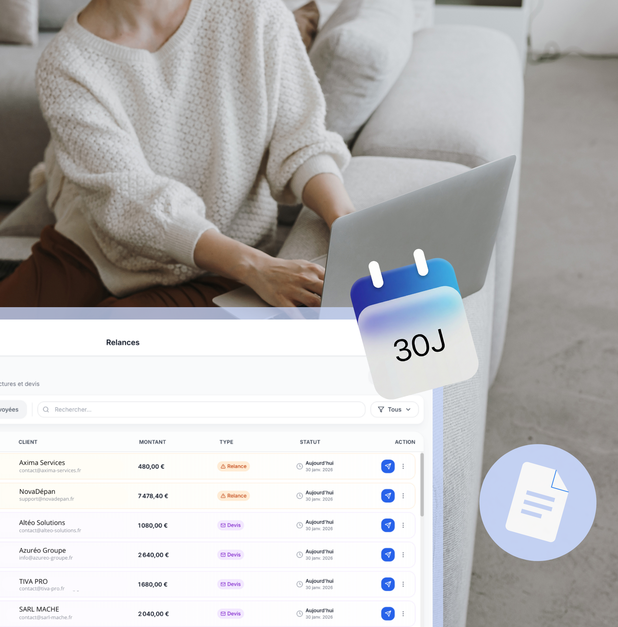 Interface Lio - Gestion des relances avec écran desktop et mobile, badge Facturation Conforme Électronique