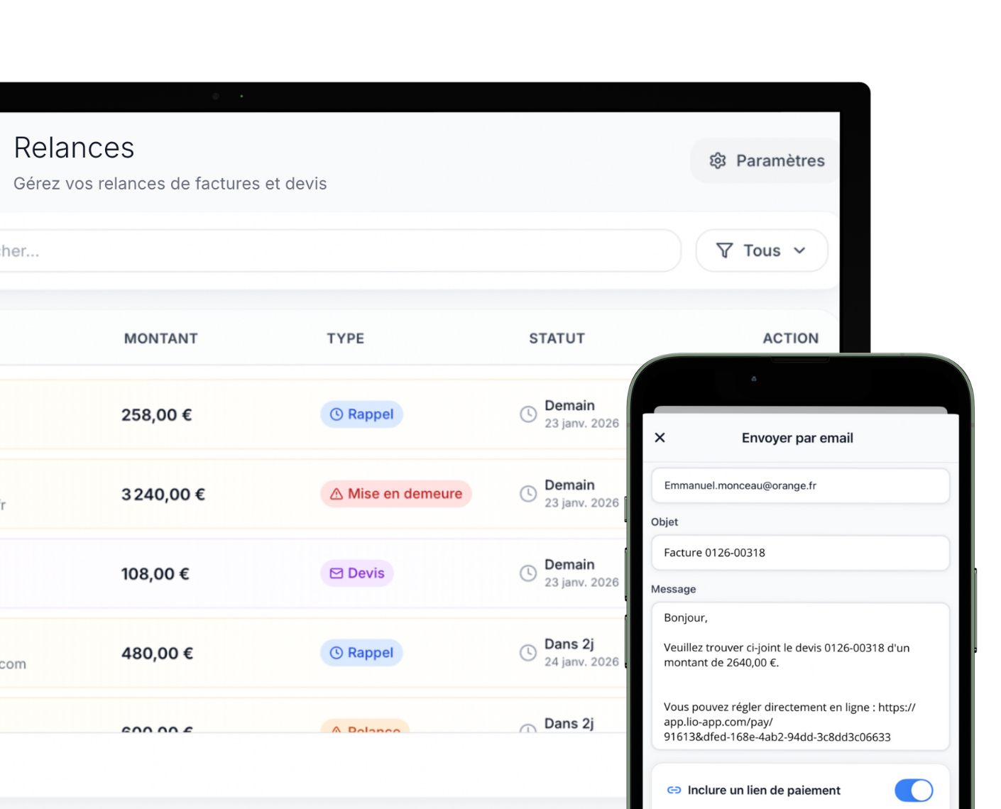 Interface de paiements et relances automatiques Lio - Suivi des factures impayées
