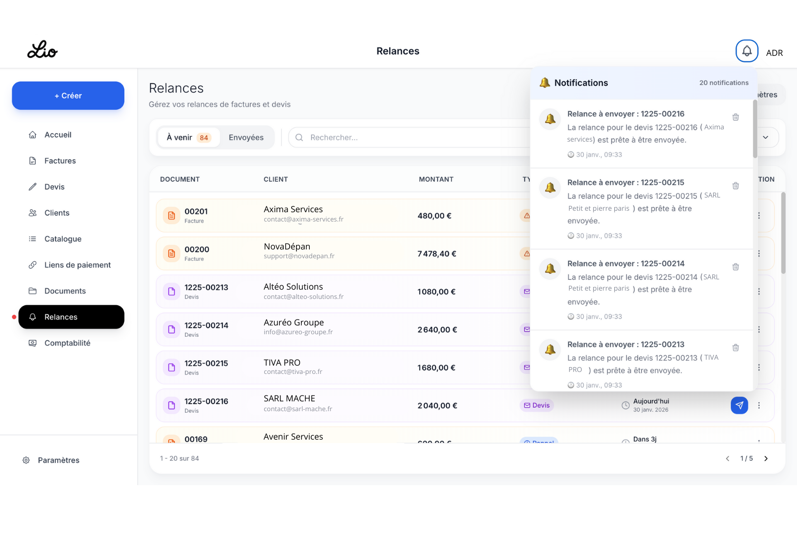 Notifications de relance Lio - Alertes pour ne pas oublier de relancer un client