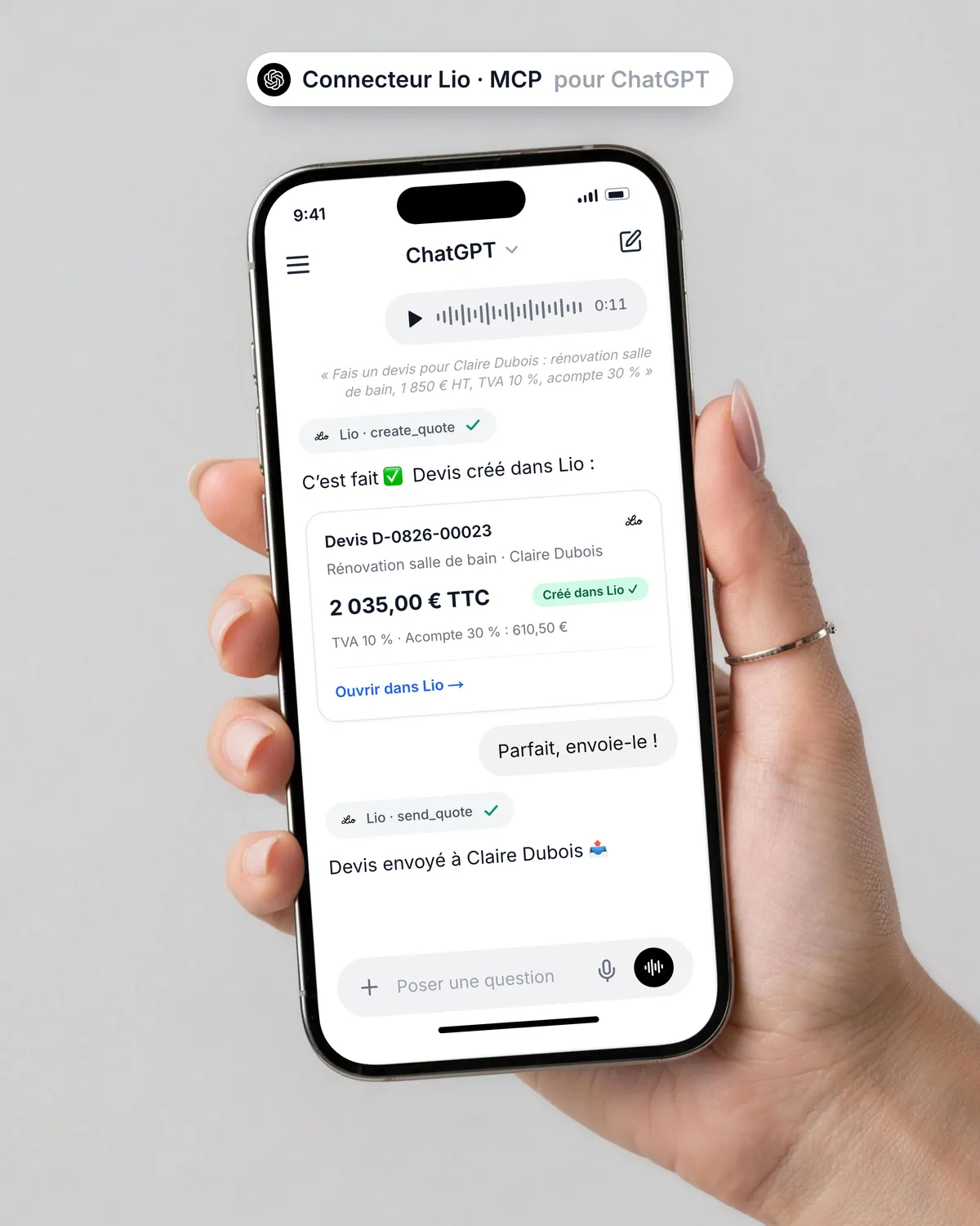 Smartphone : dans ChatGPT, le connecteur Lio crée un devis puis l’envoie au client