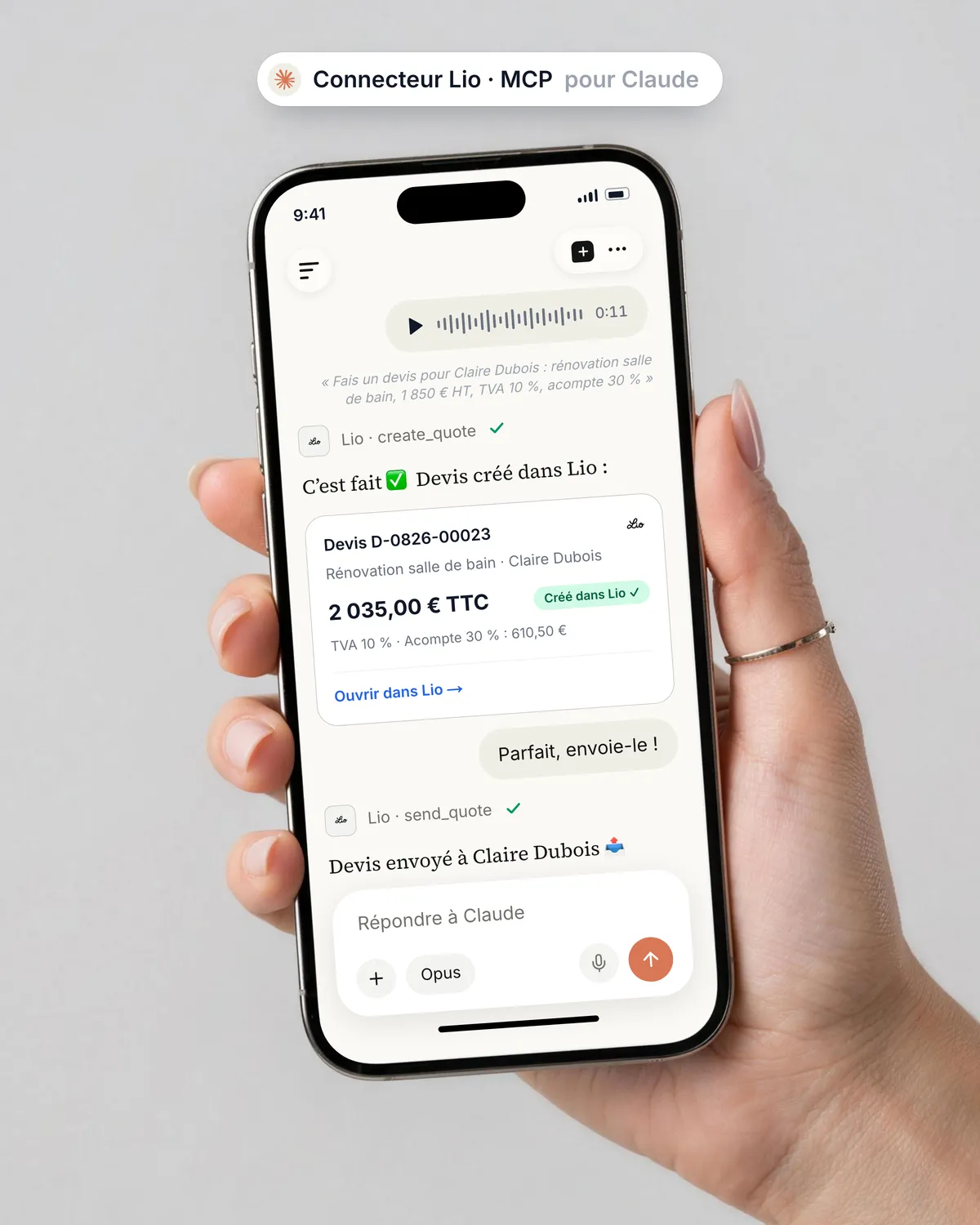 Smartphone : dans Claude, le connecteur Lio crée un devis puis l’envoie au client