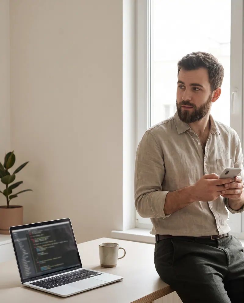 Développeur assis contre son bureau, smartphone en main, code affiché sur son ordinateur portable