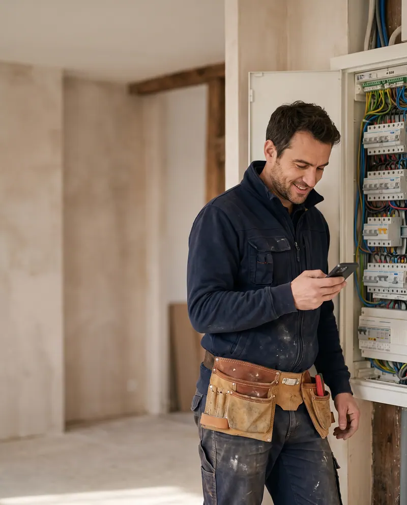 Électricien sur un chantier consultant l'application Lio sur son téléphone
