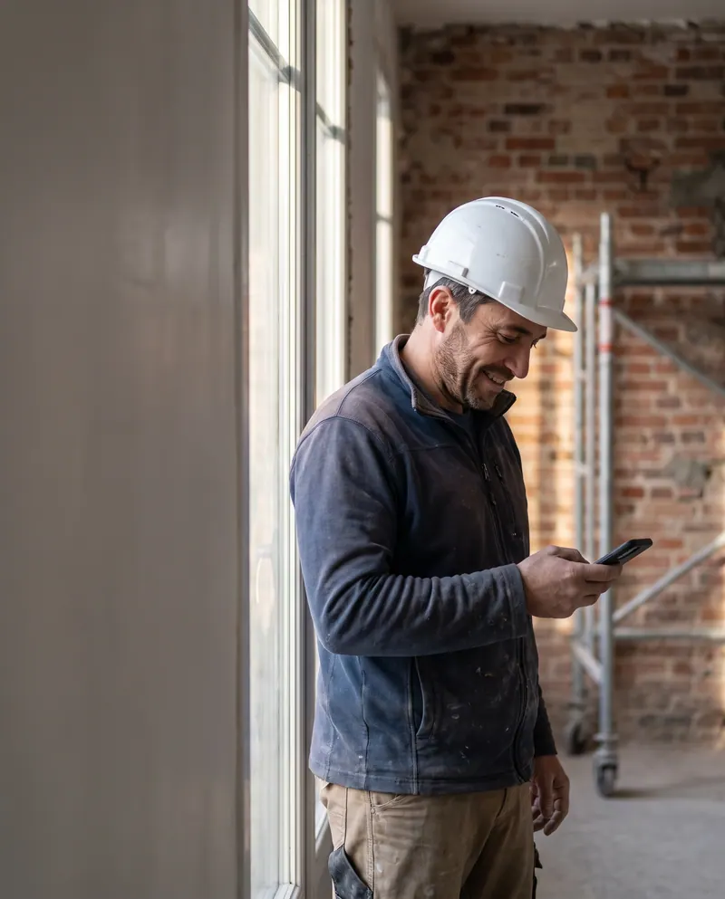 Maçon sur un chantier en rénovation, consultant son smartphone