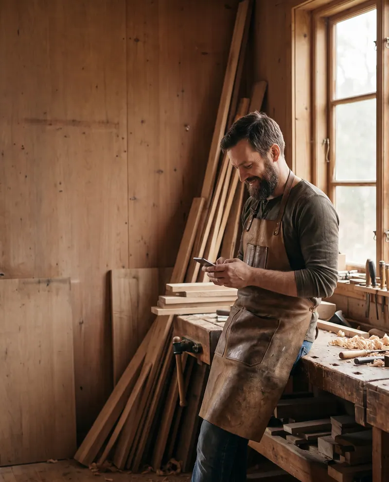 Menuisier en tablier consultant son smartphone dans son atelier bois