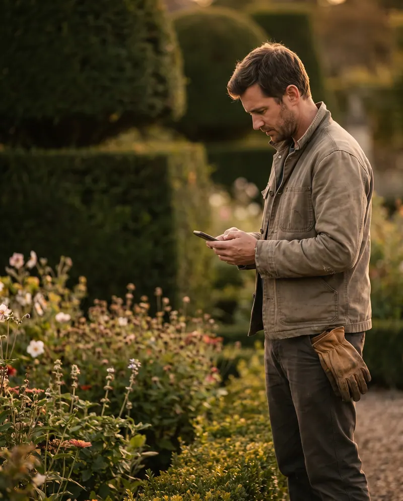 Paysagiste consultant son smartphone dans un jardin, gants de travail à la main
