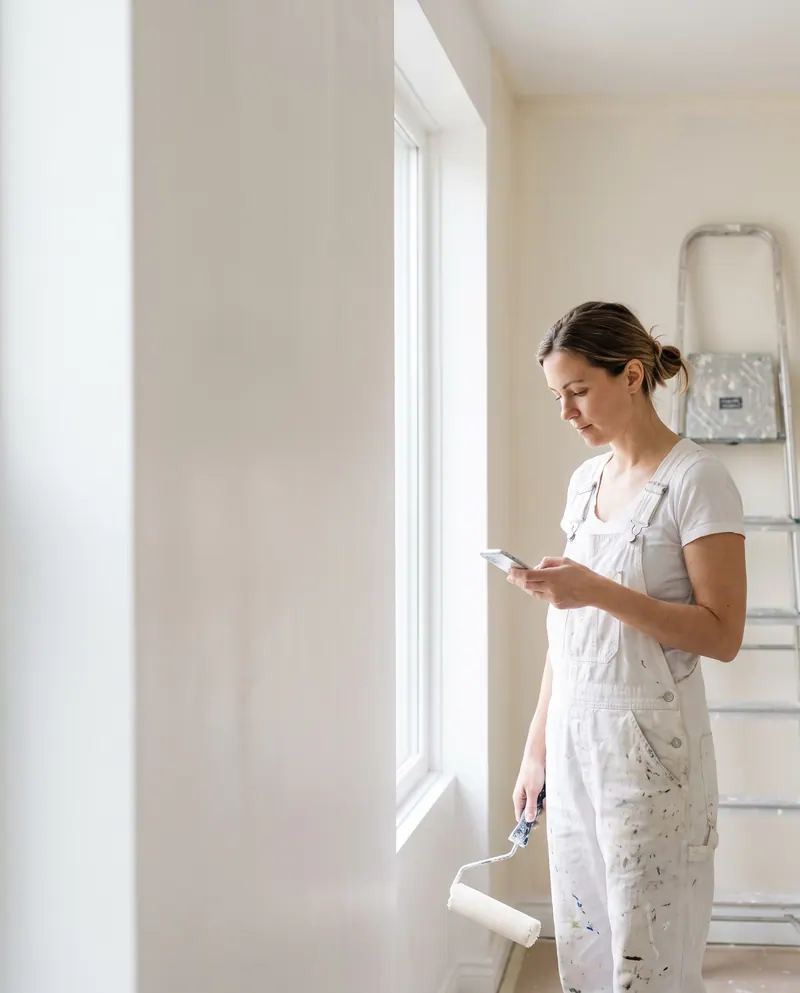 Peintre en salopette blanche consultant son smartphone, rouleau à la main