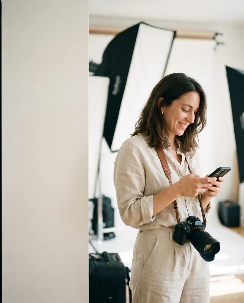 Photographe souriante, appareil photo en bandoulière, consultant son smartphone dans son studio