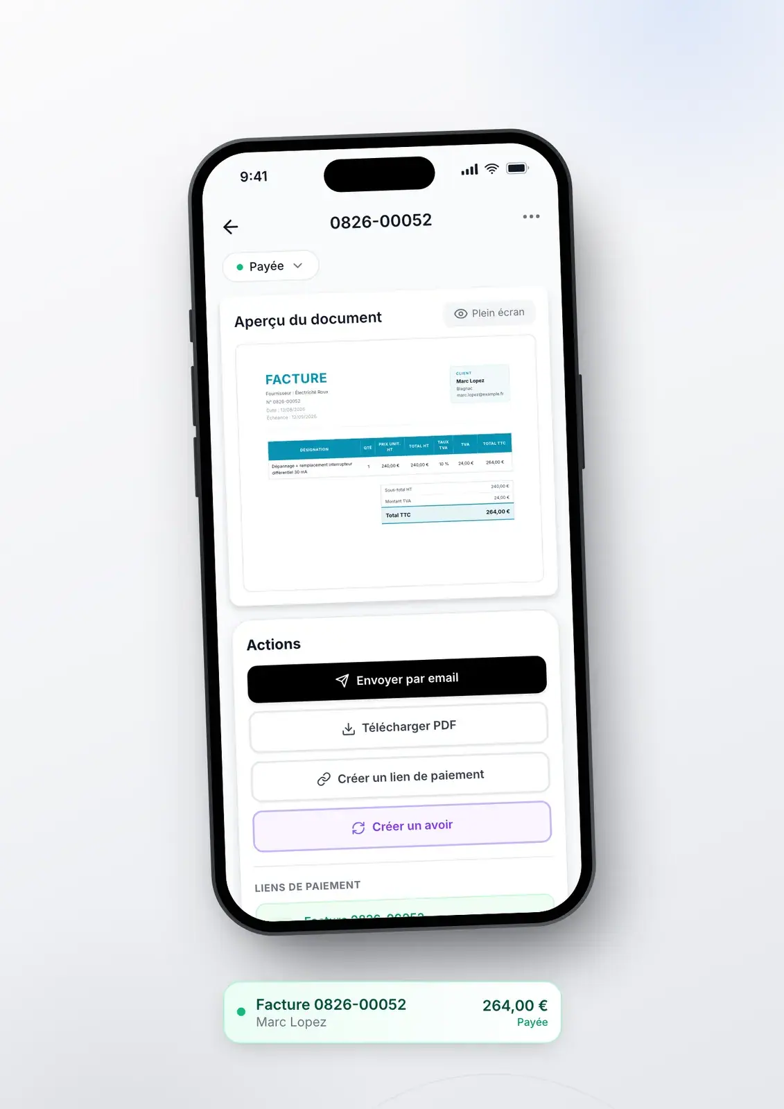 Facture payée dans Lio avec paiement reçu