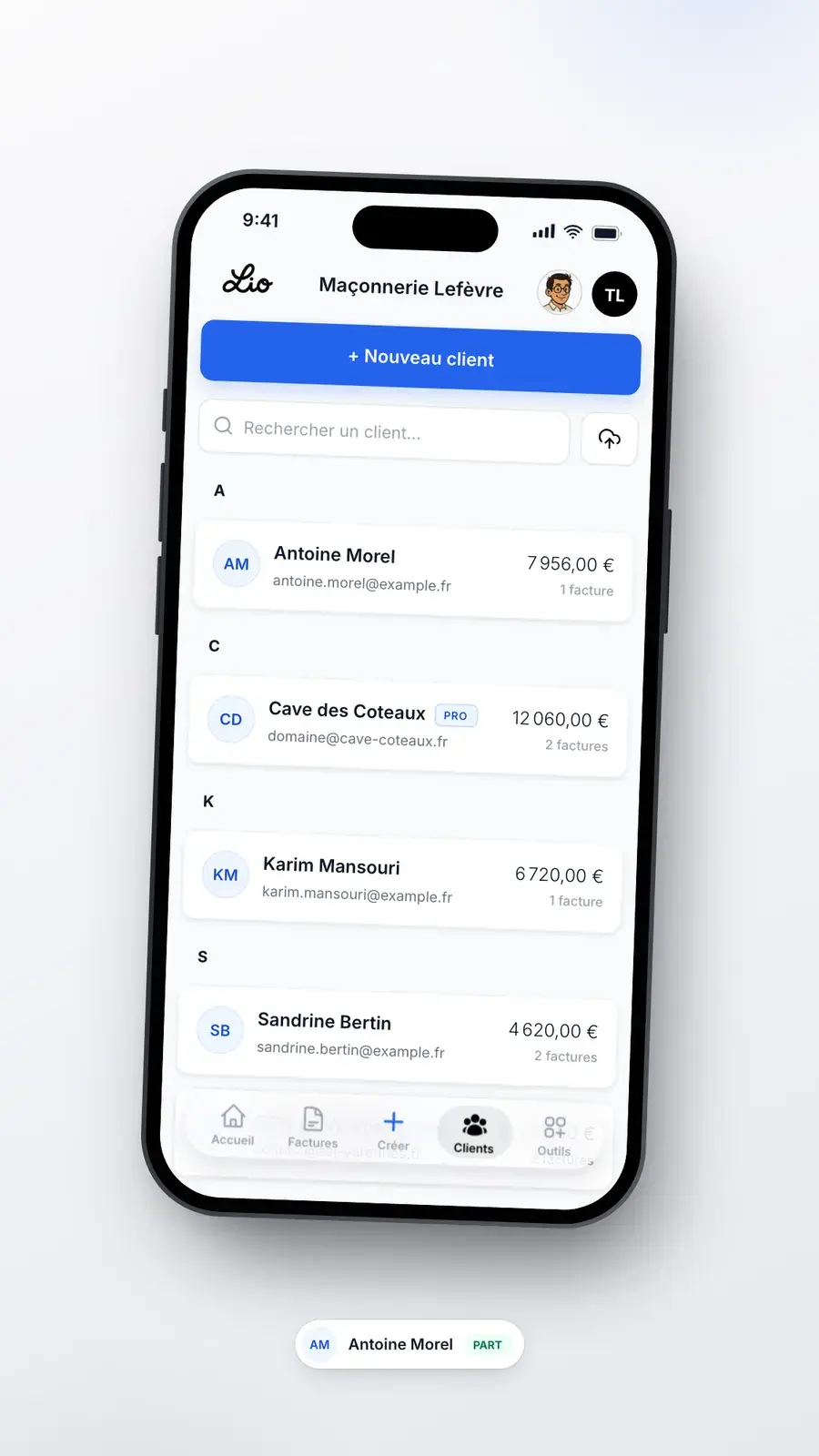 Fiche client et historique dans Lio
