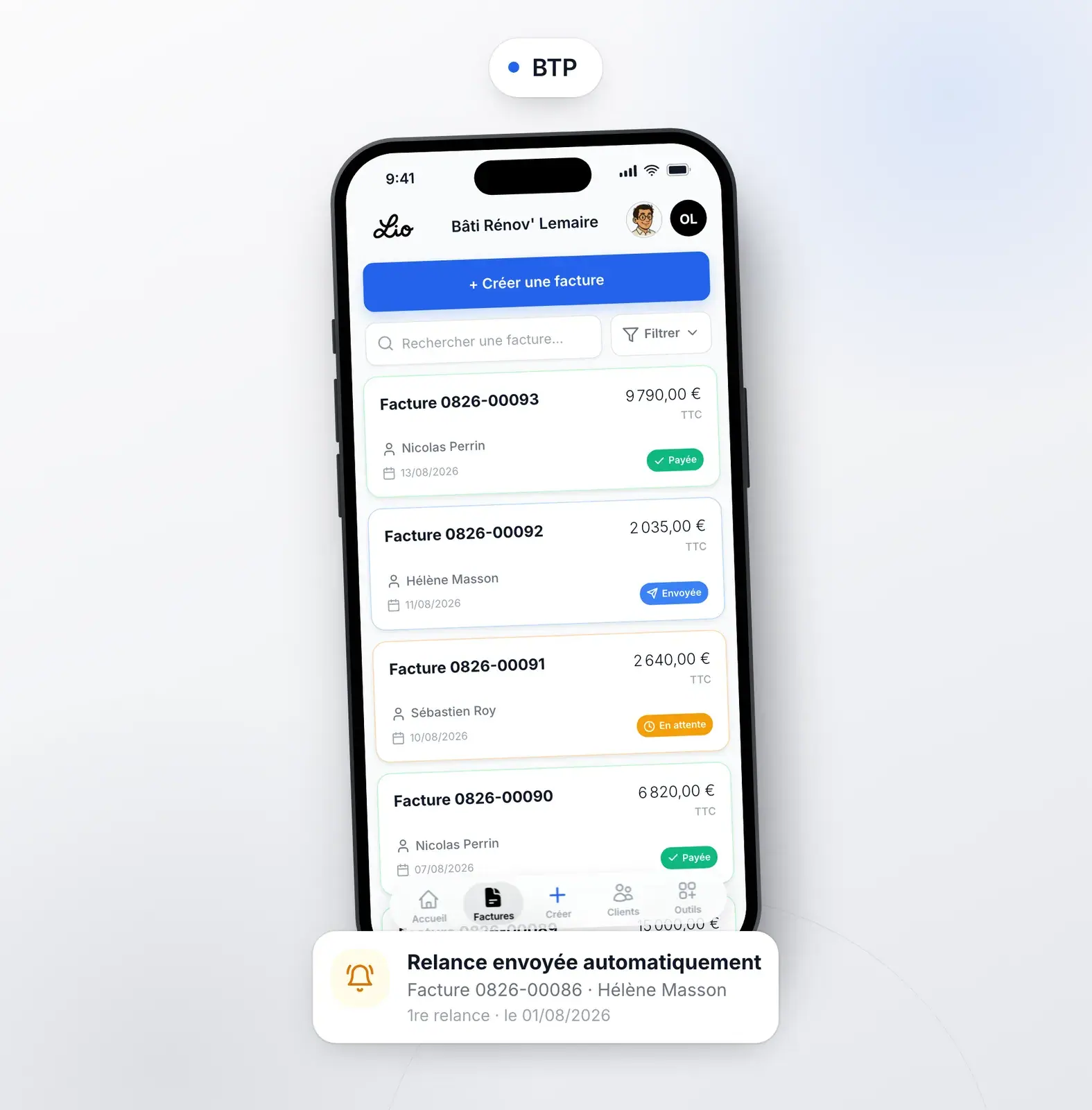 Application Lio pour BTP : suivi de l’activité et des relances