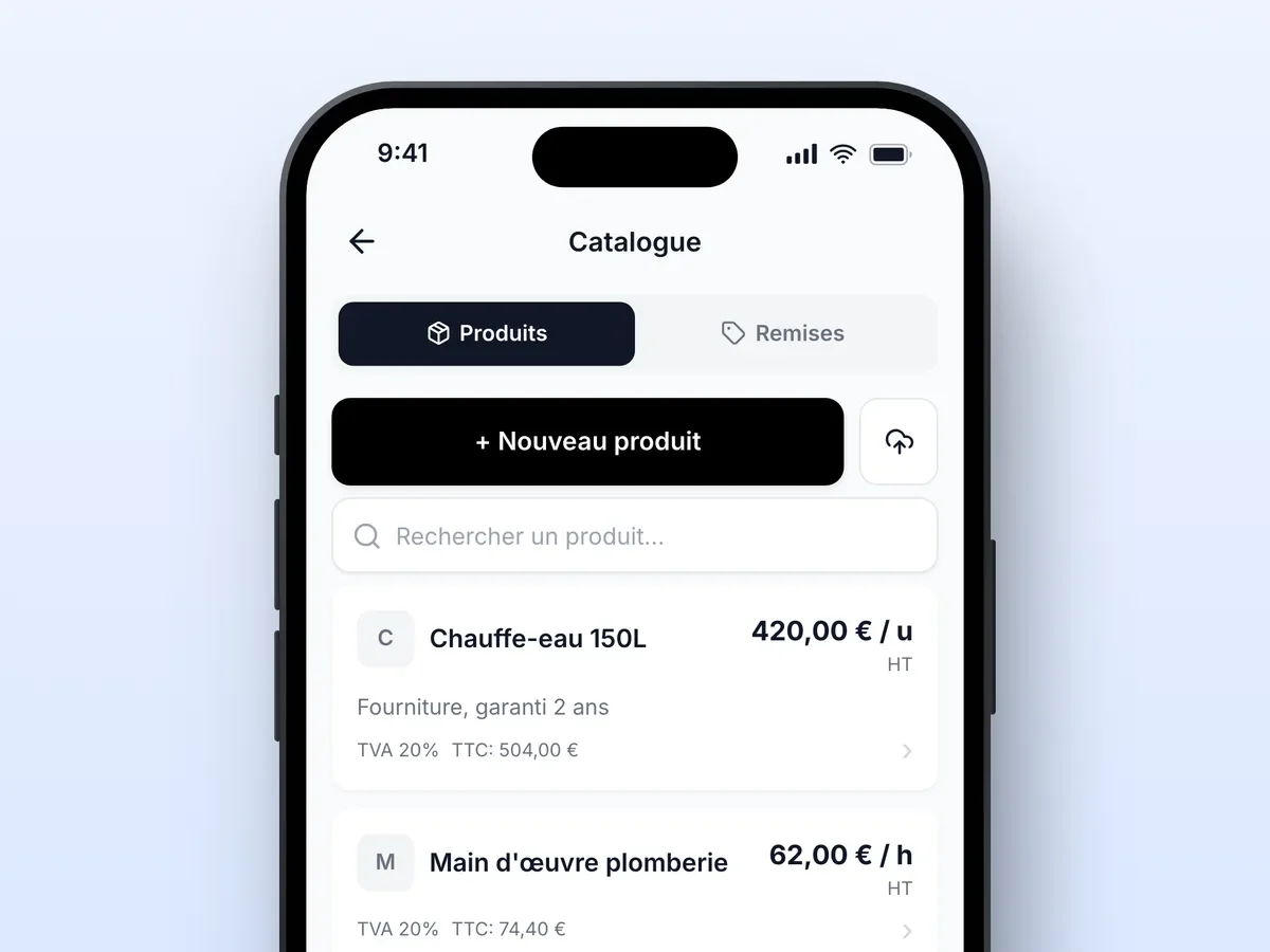 Catalogue de produits et prestations dans Lio sur un téléphone