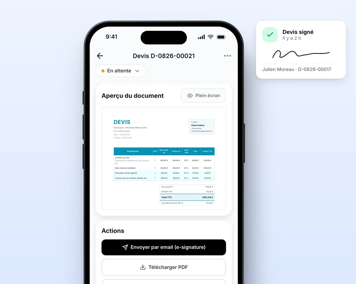 Devis Lio sur un téléphone : aperçu du document et envoi par email pour signature électronique, avec un devis signé