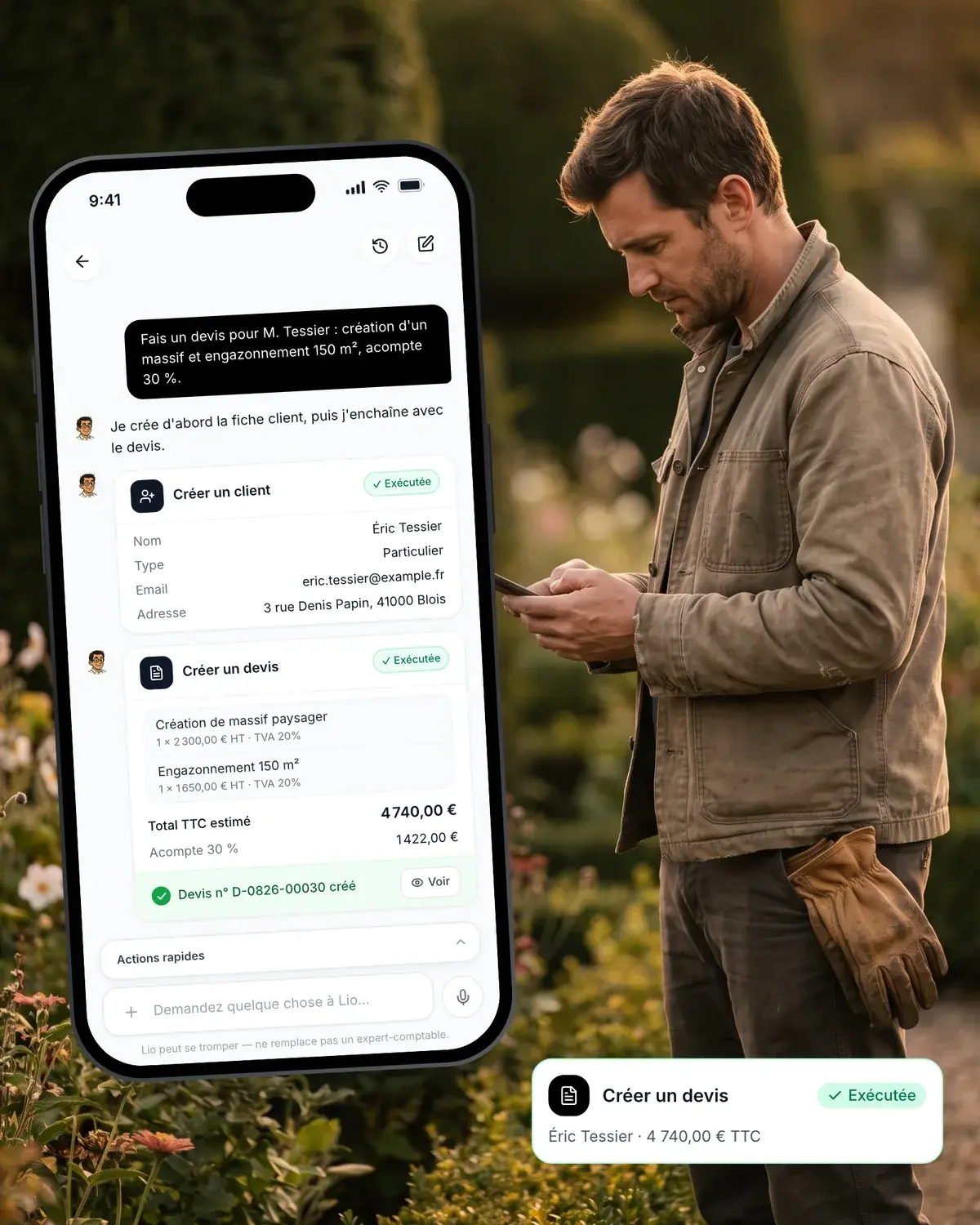 Assistant IA de Lio créant un devis depuis l’application mobile