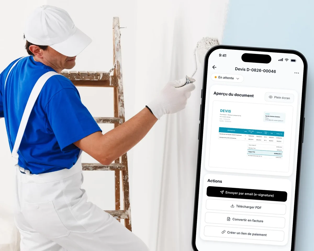 Peintre en chantier, devis Lio à TVA 10 % pour des travaux dans un logement de plus de 2 ans sur son téléphone