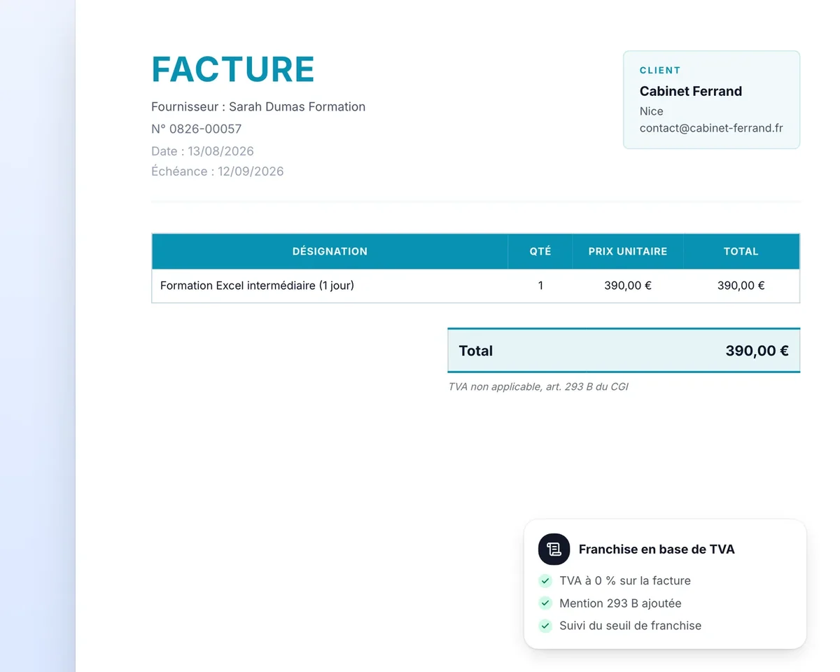 Facture Lio de micro-entreprise : total sans TVA et mention « TVA non applicable, art. 293 B du CGI »