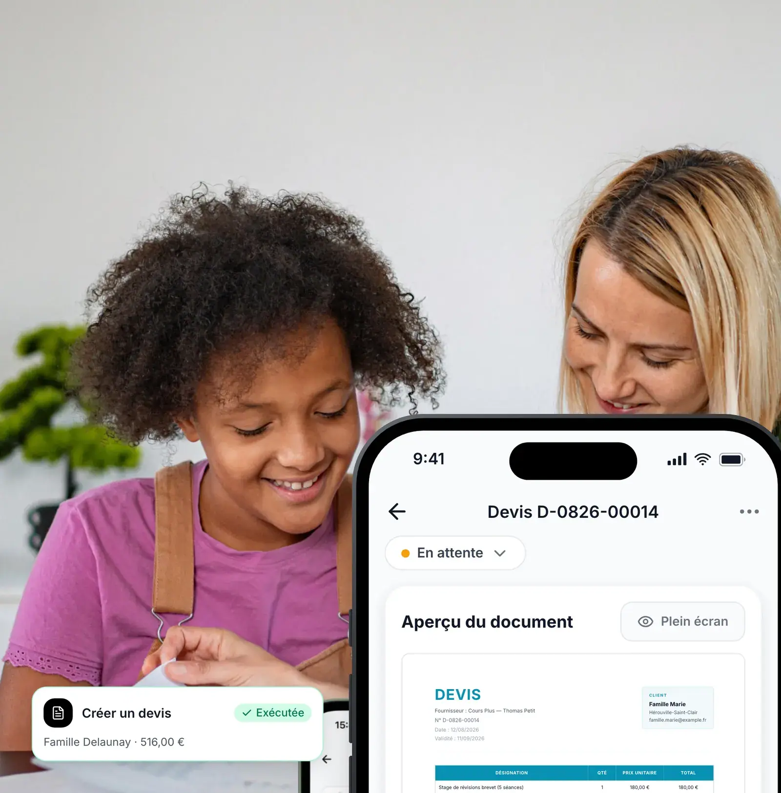 Devis de cours particuliers créé depuis l’assistant IA de Lio
