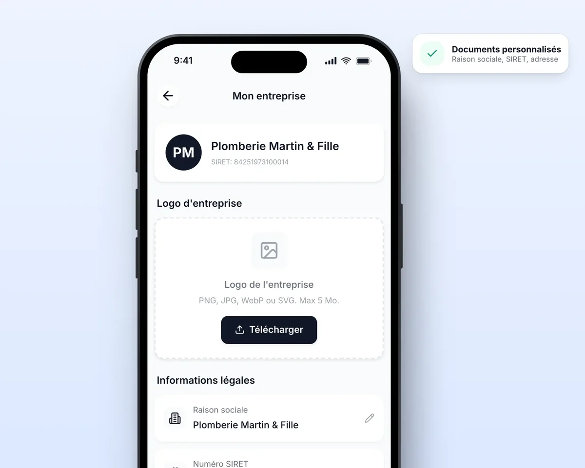 Paramètres de l’entreprise dans Lio sur un téléphone : logo, raison sociale, SIRET et TVA