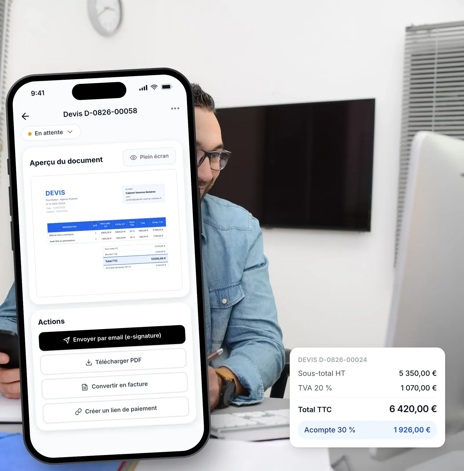 Chef de projet web préparant un devis de site vitrine avec acompte dans Lio