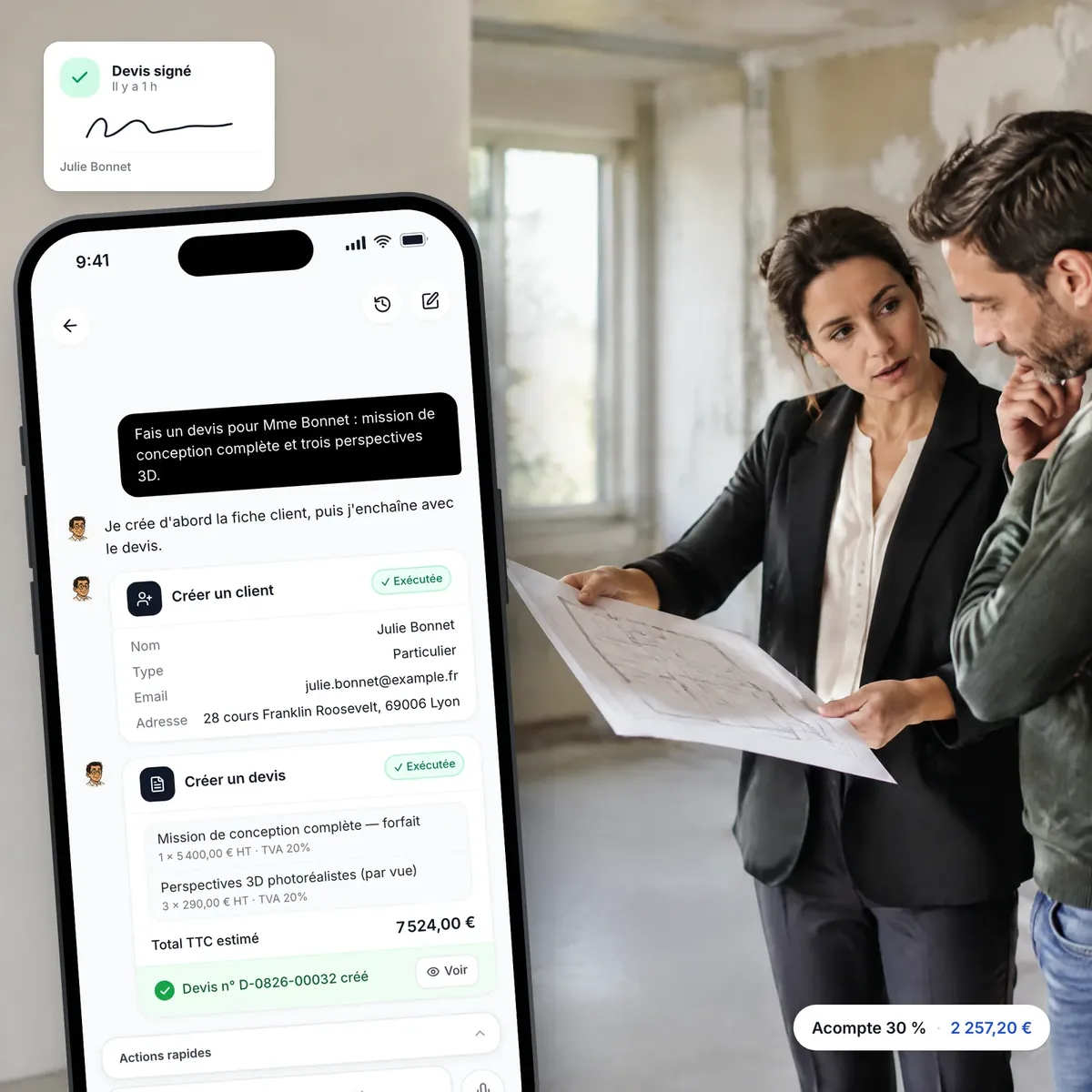 Architecte d’intérieur préparant un devis avec l’assistant IA de Lio, devis signé en ligne
