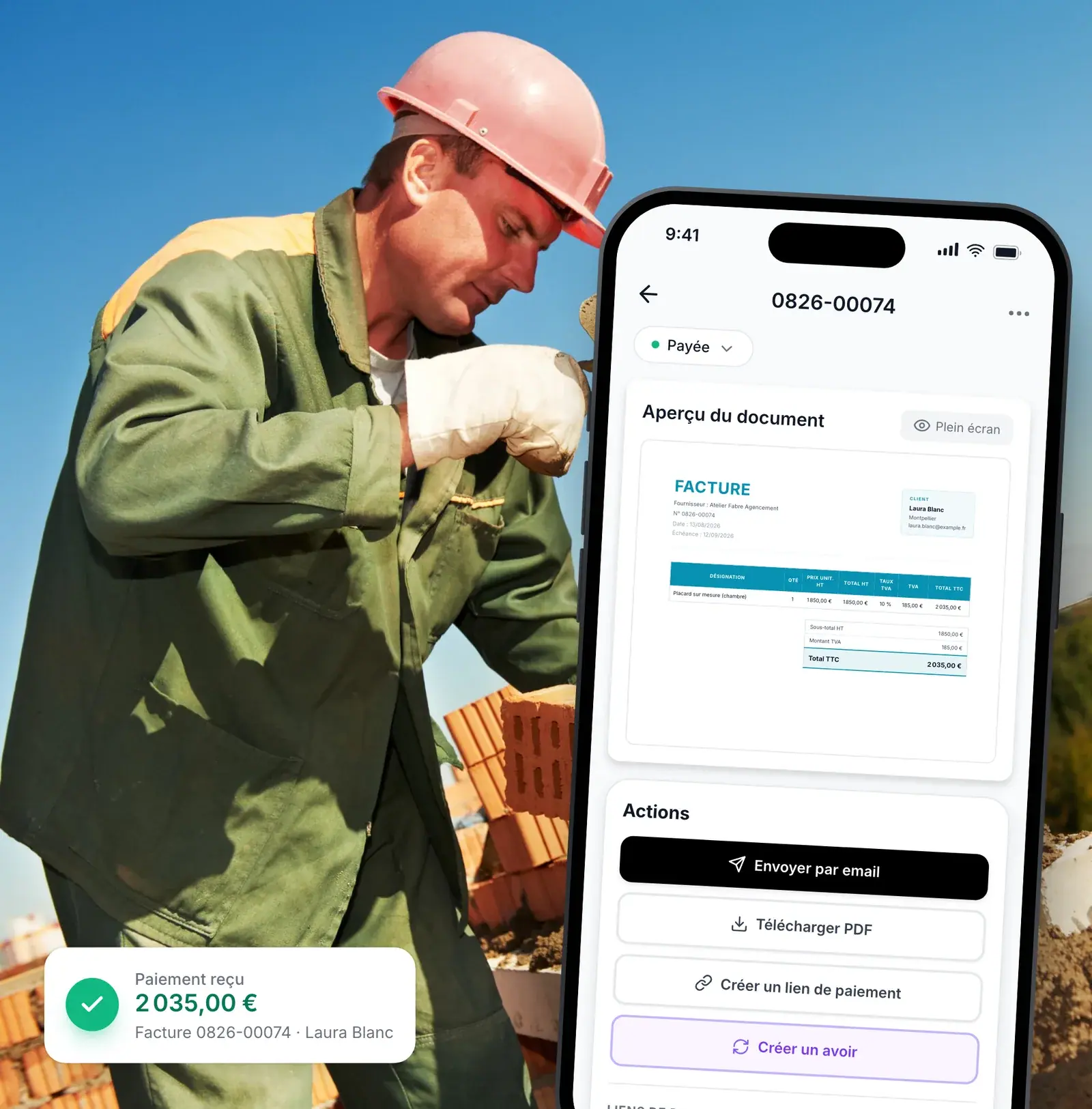 Facture d’artisan payée et suivie dans l’application Lio