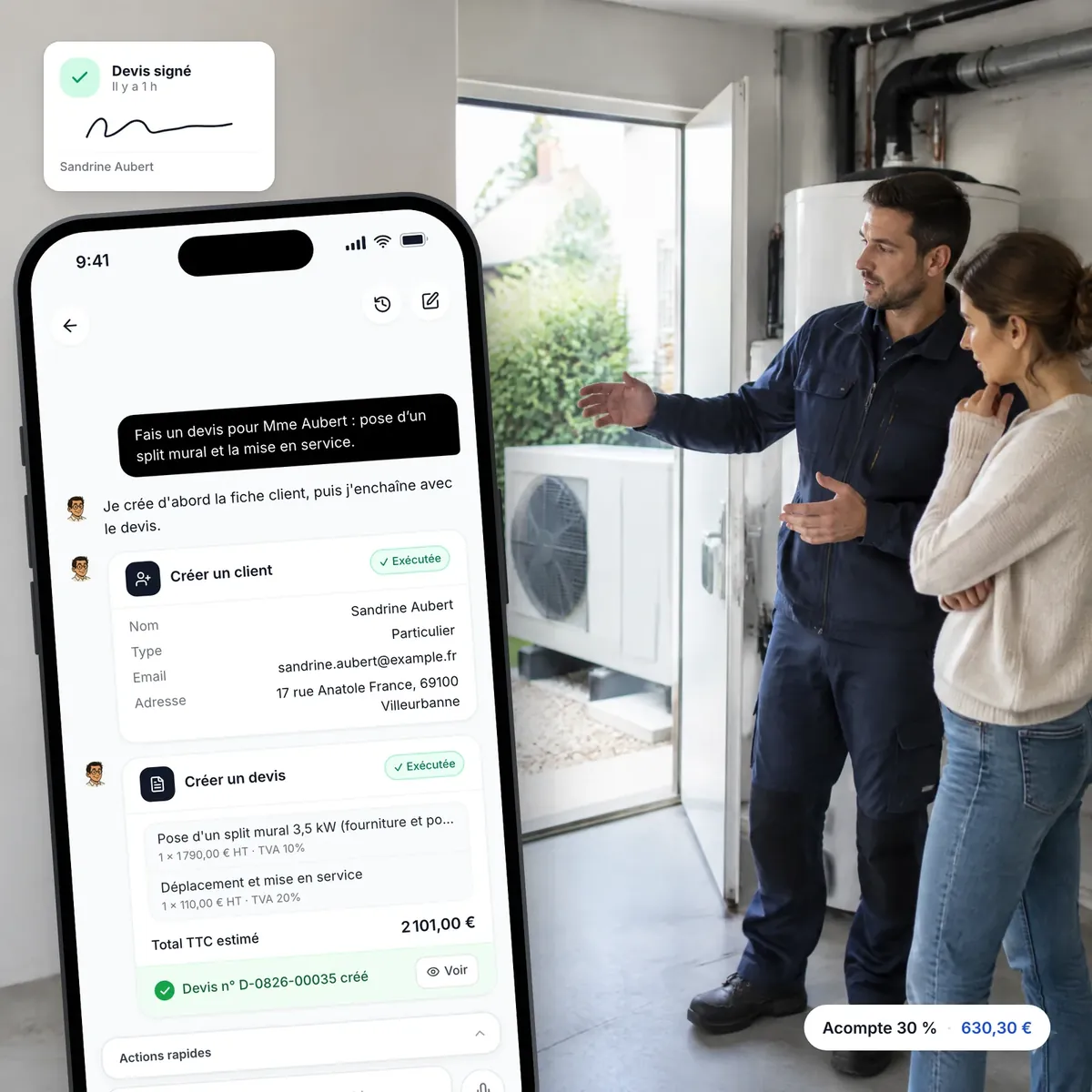 Frigoriste préparant un devis avec l’assistant IA de Lio, devis signé en ligne