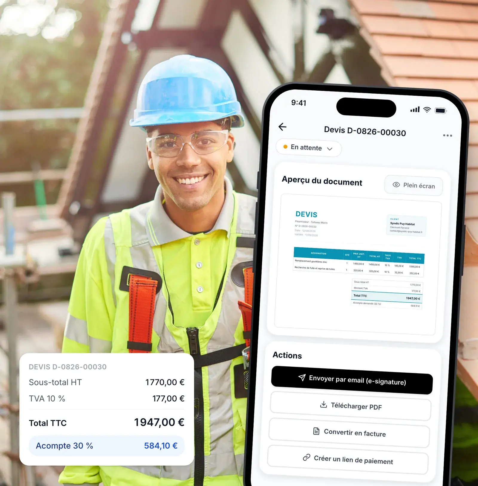 Couvreur créant un devis de toiture sur le chantier