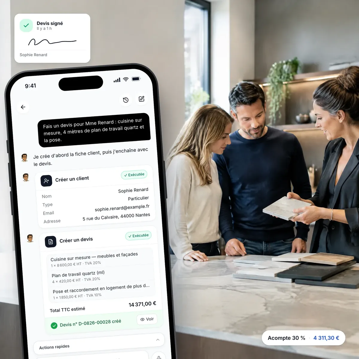 Cuisiniste préparant un devis avec l’assistant IA de Lio, devis signé en ligne
