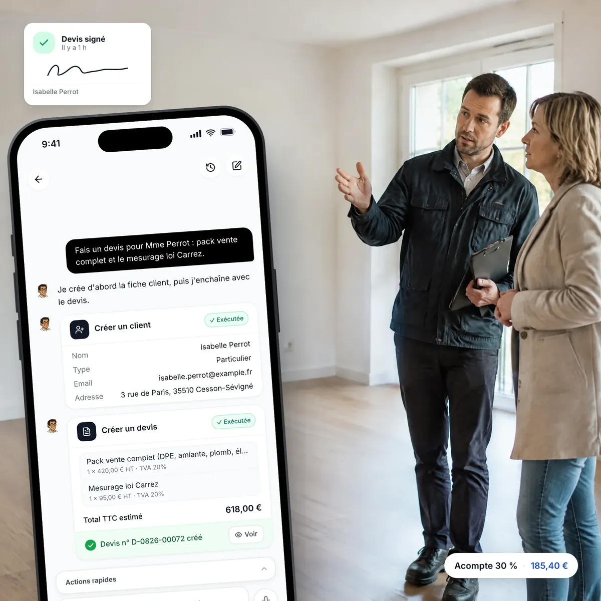 Diagnostiqueur immobilier préparant un devis avec l’assistant IA de Lio, devis signé en ligne