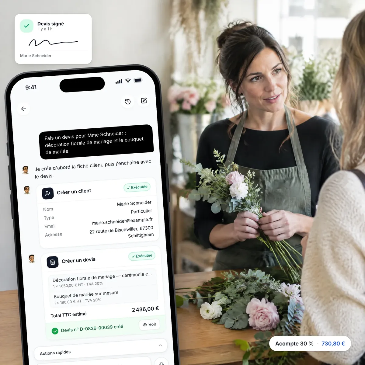 Fleuriste préparant un devis avec l’assistant IA de Lio, devis signé en ligne