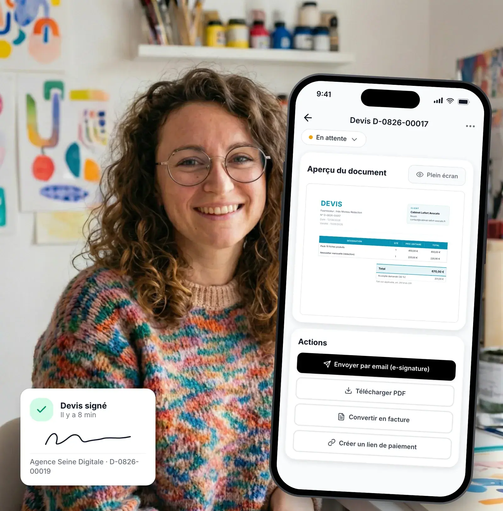 Freelance recevant la signature en ligne de son devis dans Lio