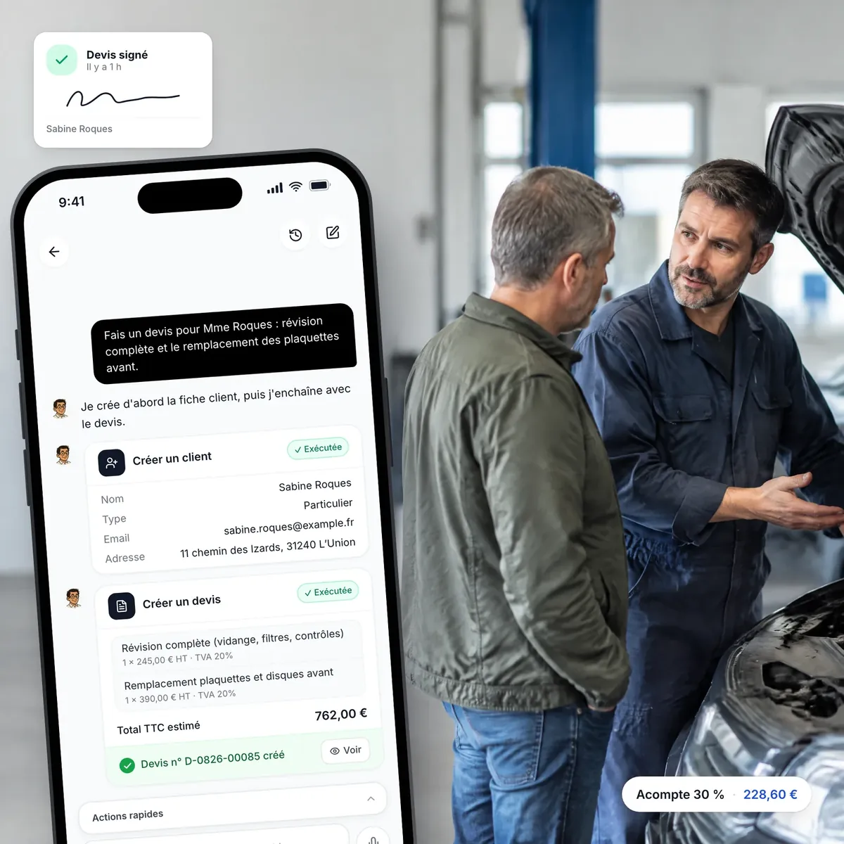 Garagiste préparant un devis avec l’assistant IA de Lio, devis signé en ligne