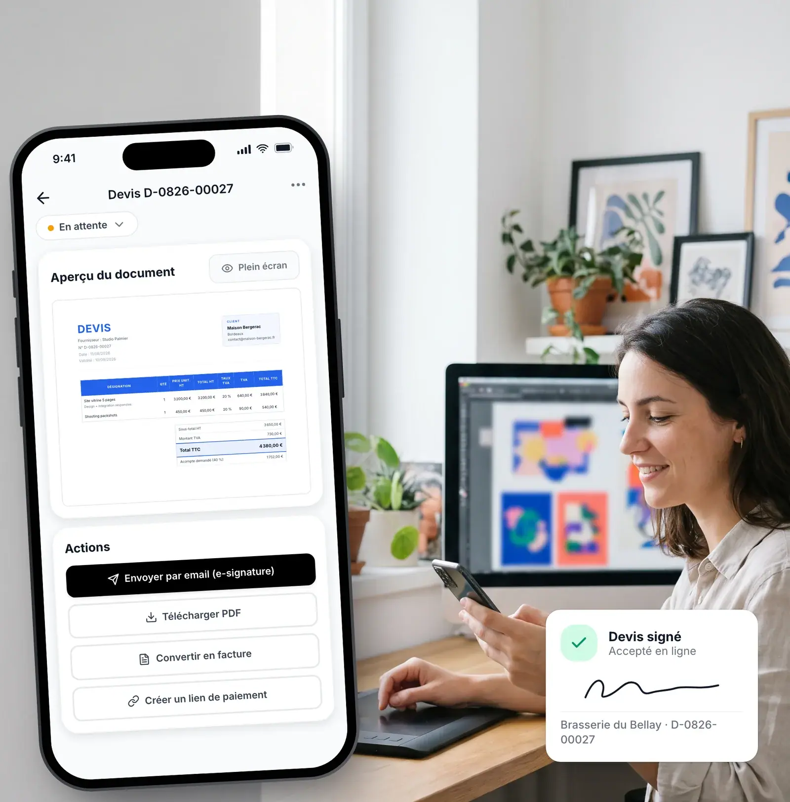 Devis d’identité visuelle signé en ligne par le client d’une graphiste