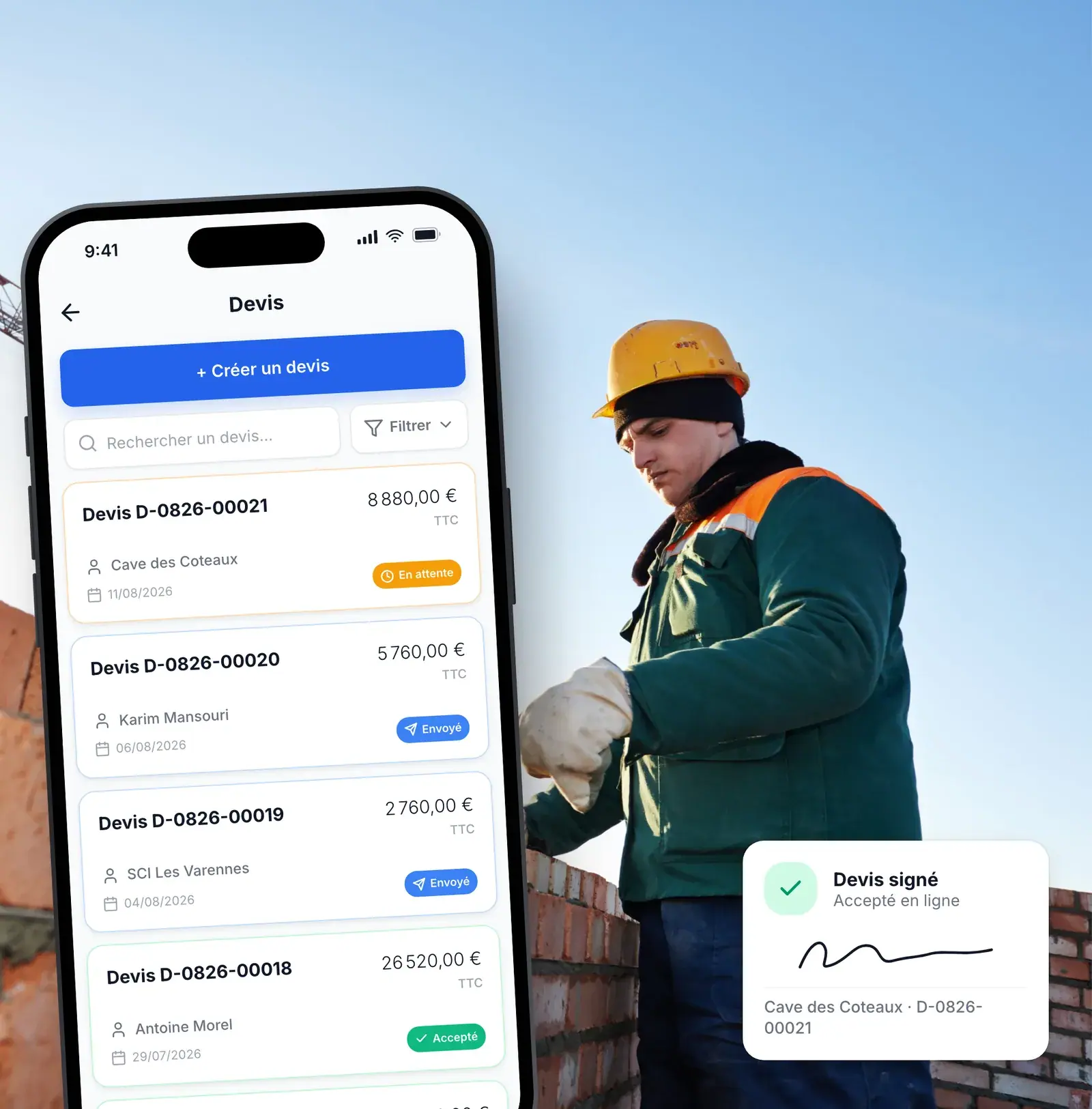 Maçon suivant ses devis de chantier dans l’application Lio