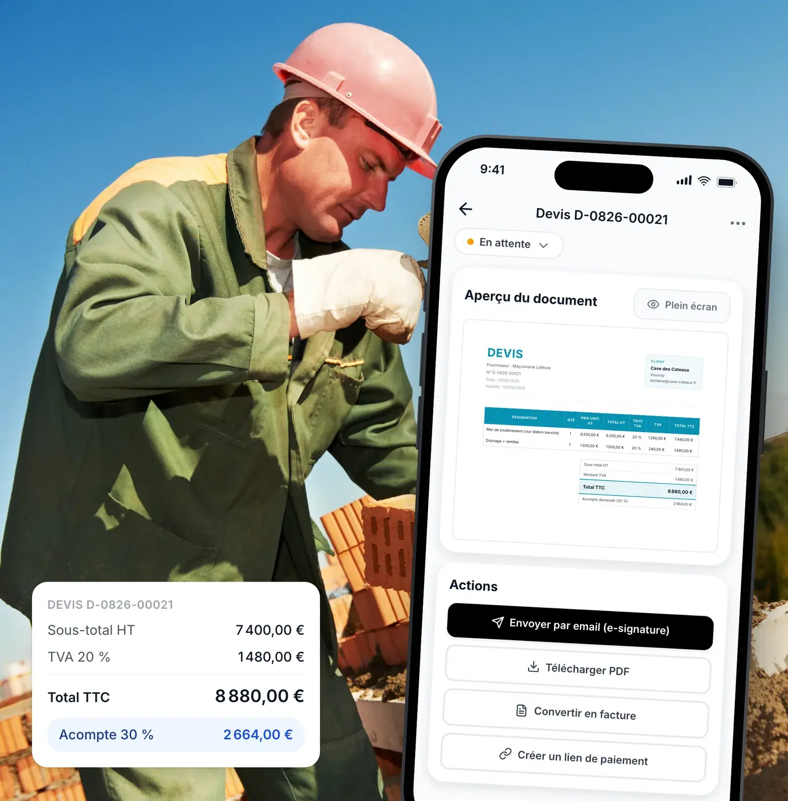 Devis de maçonnerie multi-lots avec TVA automatique dans Lio