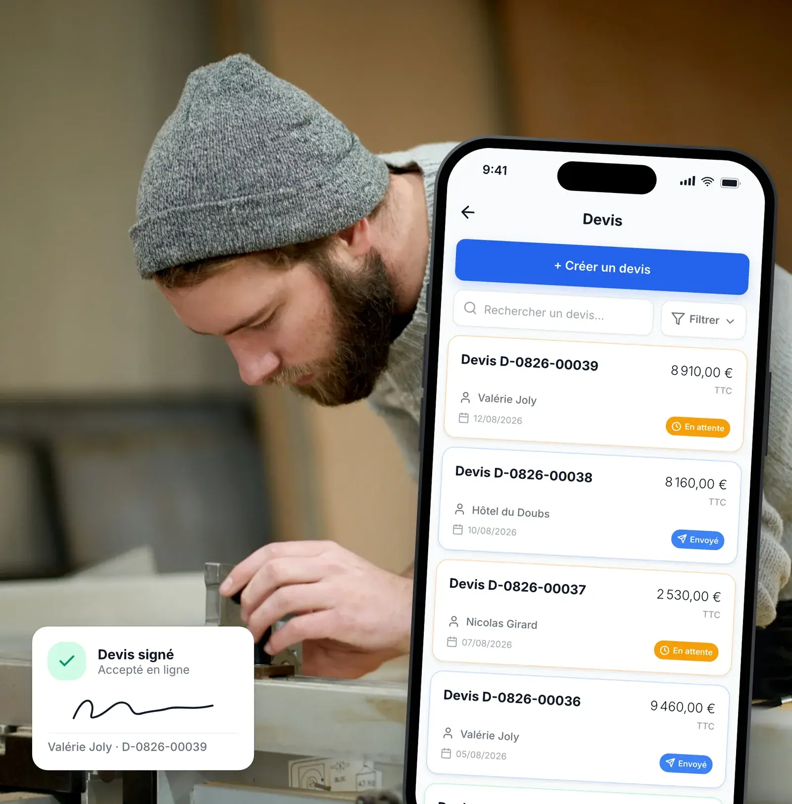 Menuisier suivant ses devis signés dans l’application Lio