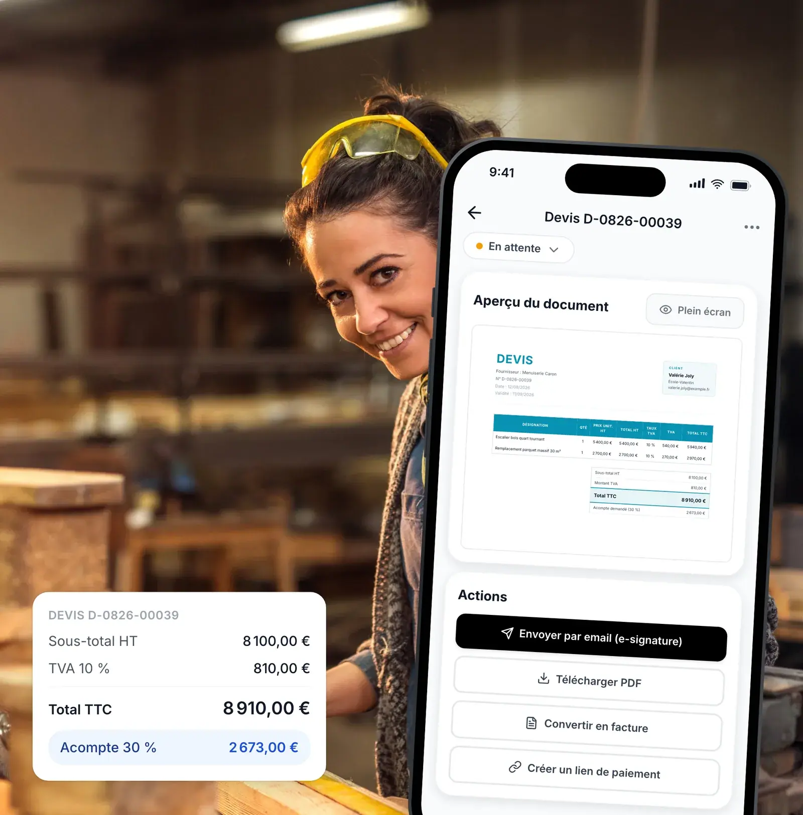 Devis de menuiserie avec TVA multi-taux calculée par Lio