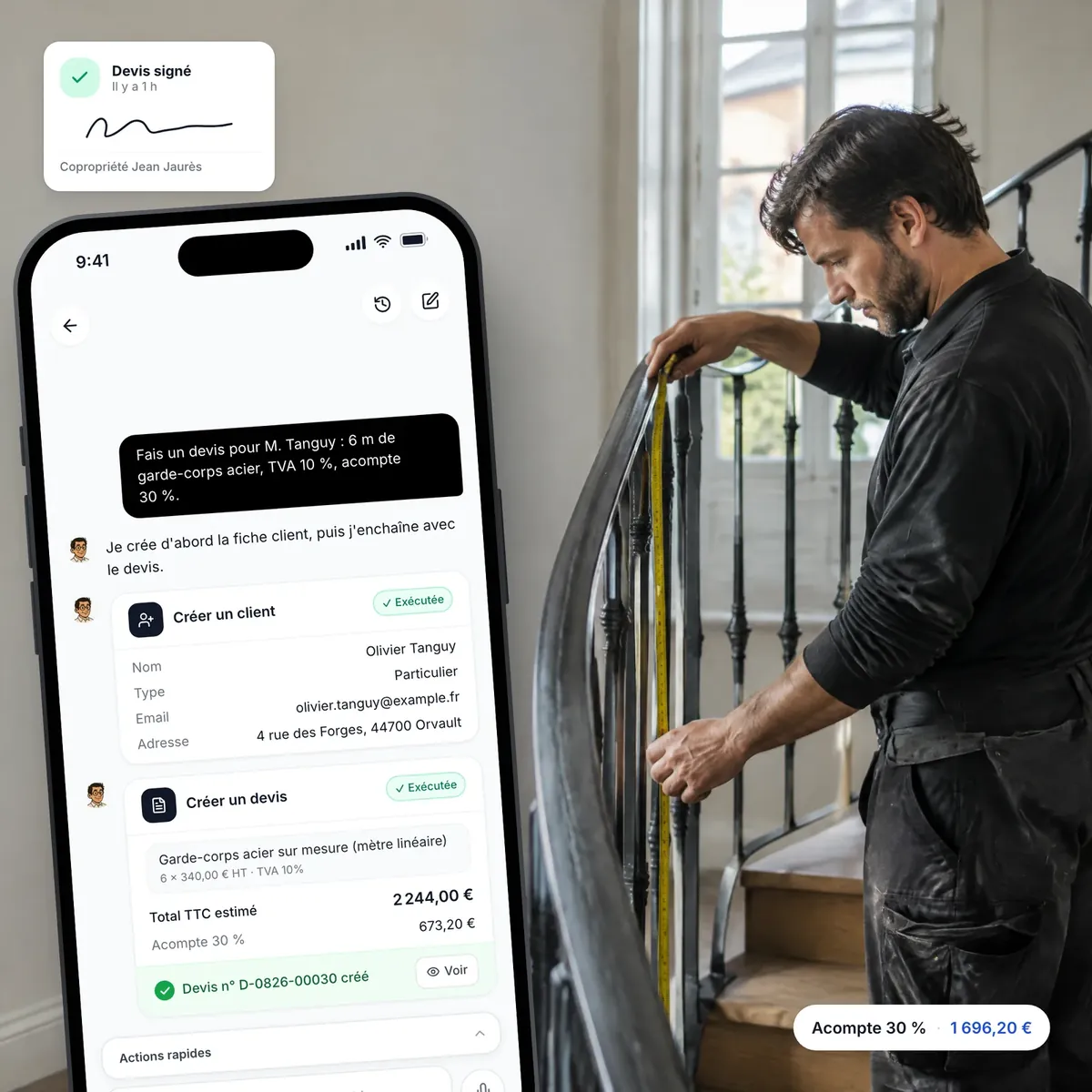 Métallier préparant un devis avec l’assistant IA de Lio, devis signé en ligne