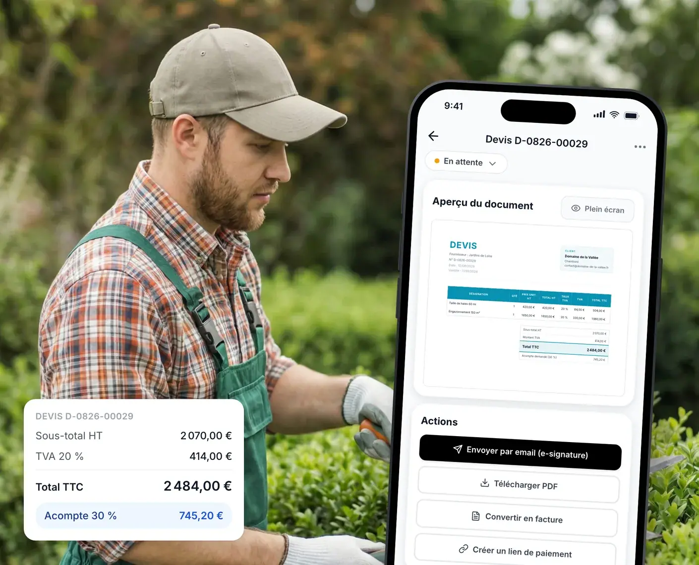 Paysagiste créant un devis d’aménagement sur place depuis Lio