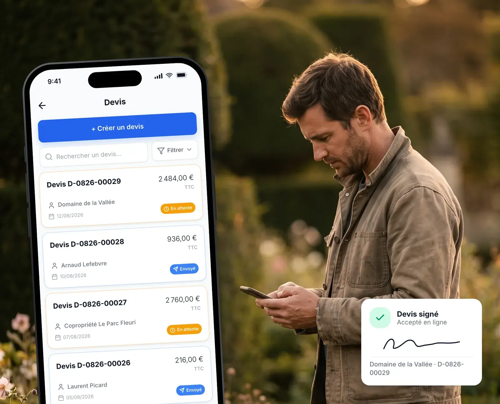 Paysagiste suivant ses devis signés dans l’application Lio