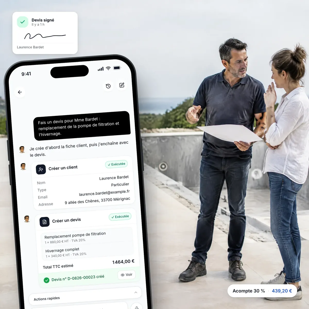 Pisciniste préparant un devis avec l’assistant IA de Lio, devis signé en ligne