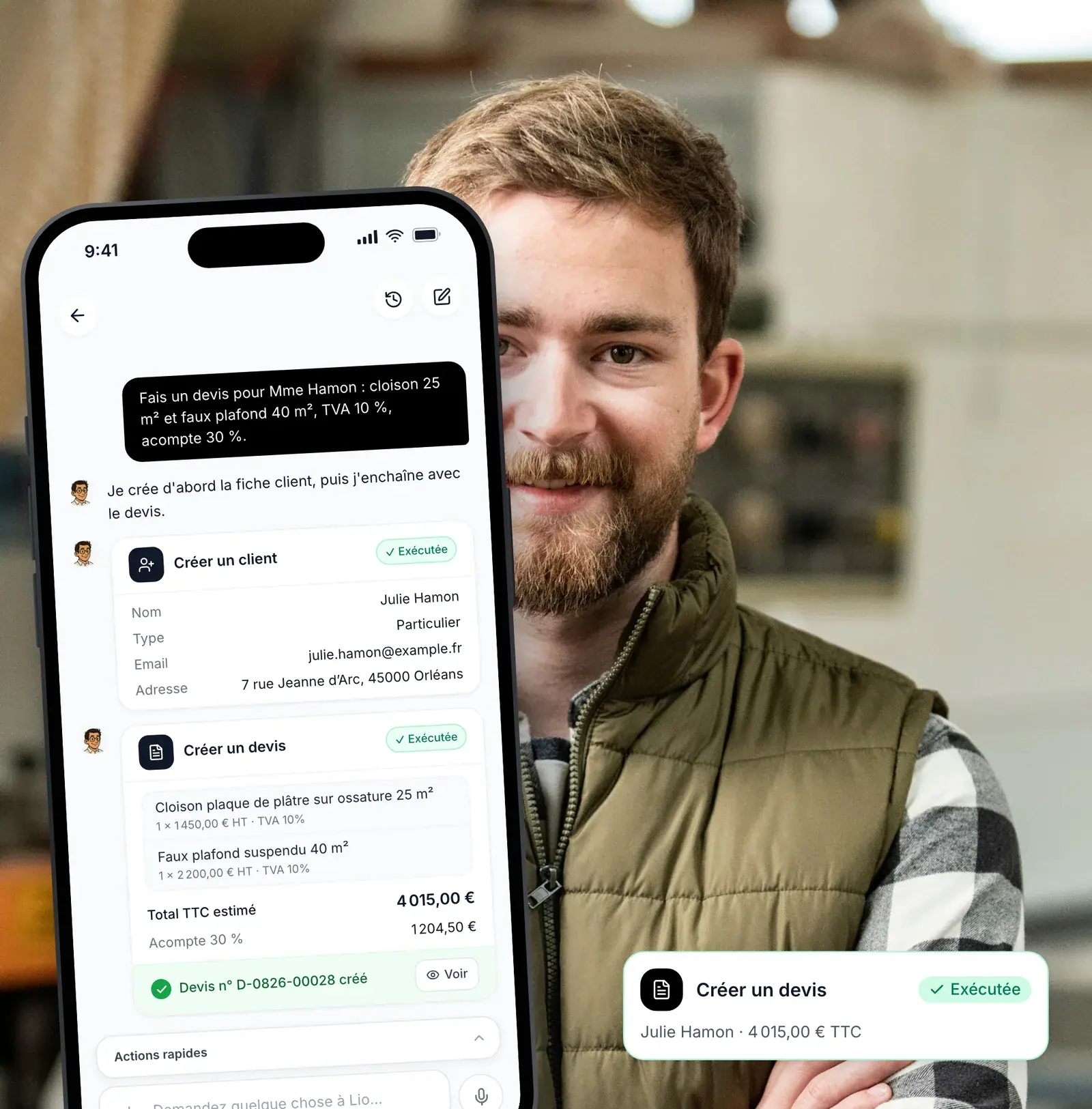 Plaquiste dictant un devis à l’assistant IA de Lio