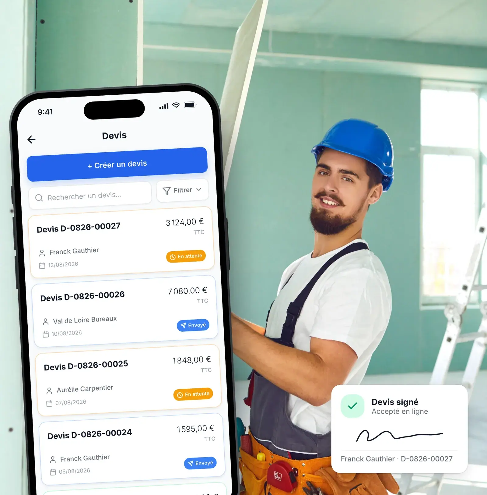 Plaquiste suivant ses devis signés dans l’application Lio