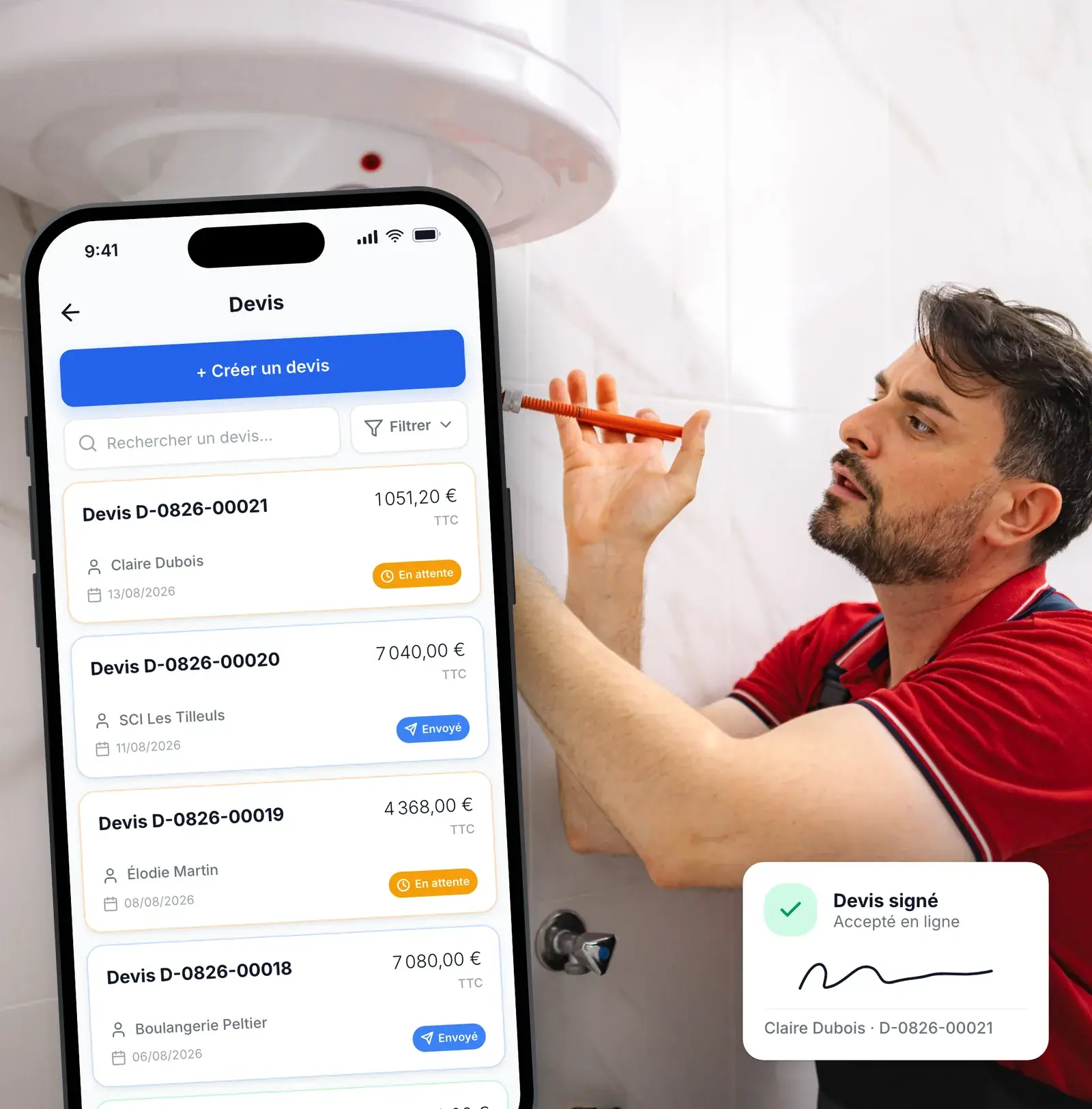 Plombier suivant ses devis signés dans l’application Lio