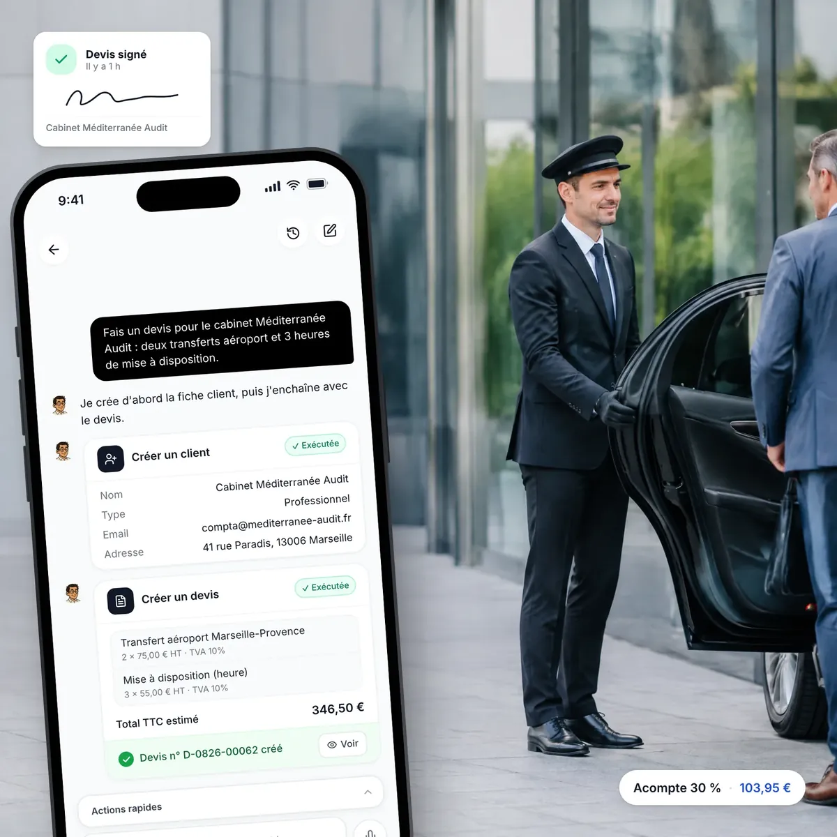 Chauffeur VTC préparant un devis avec l’assistant IA de Lio, devis signé en ligne