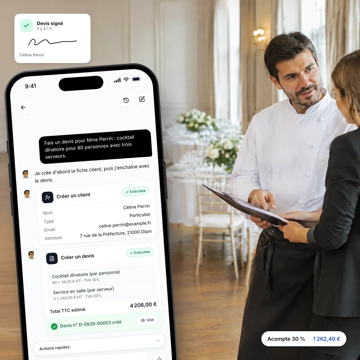 Traiteuse préparant un devis avec l’assistant IA de Lio, devis signé en ligne
