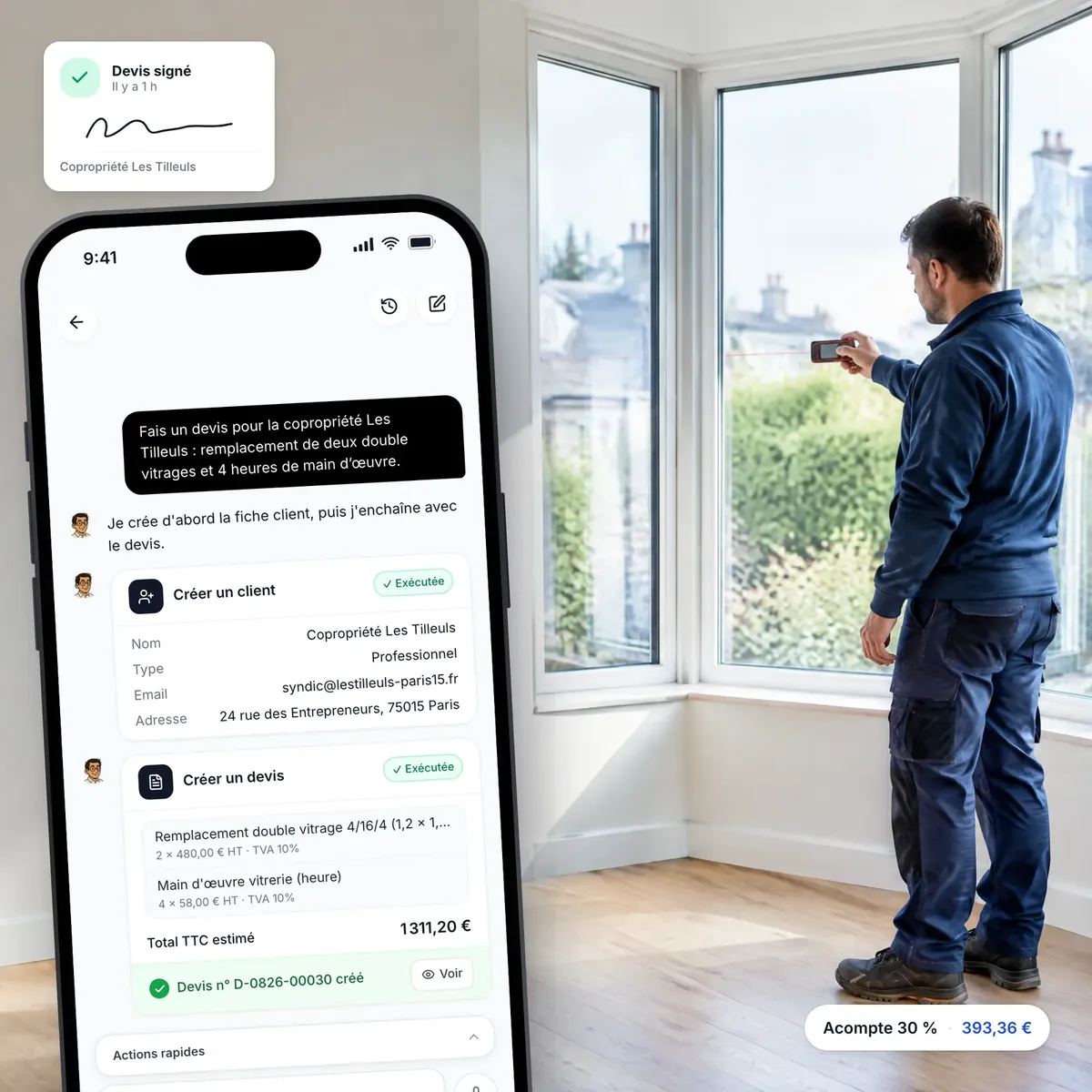 Vitrier préparant un devis avec l’assistant IA de Lio, devis signé en ligne