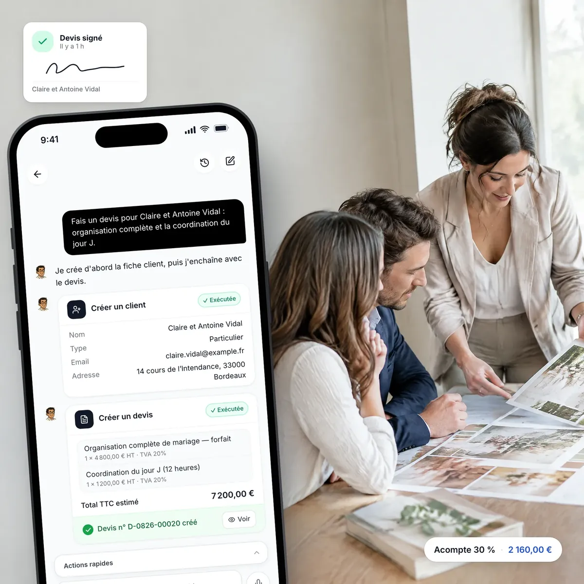 Wedding planner préparant un devis avec l’assistant IA de Lio, devis signé en ligne